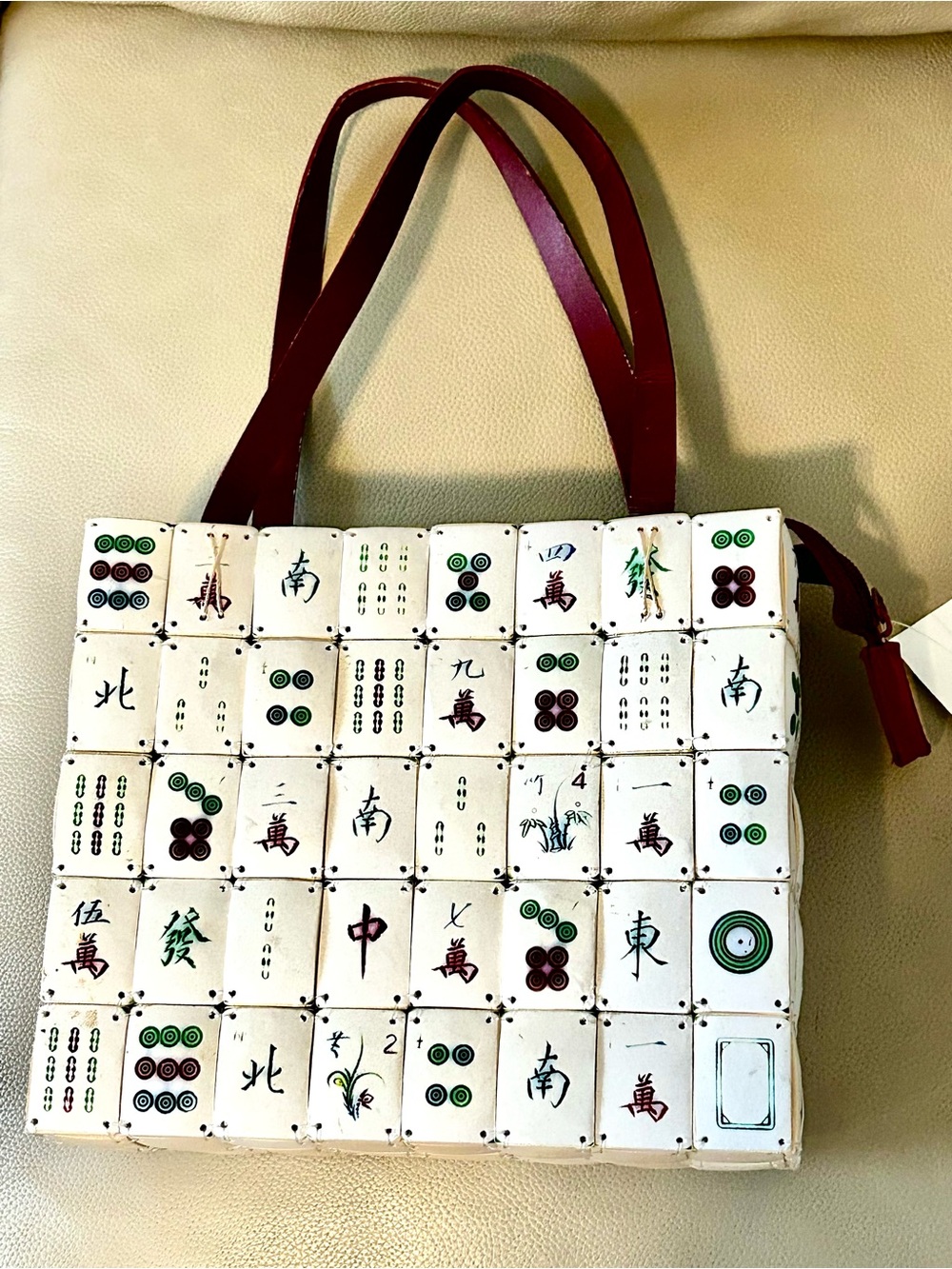 Vintage White Mahjong Tile Pattern hand Bag with dark red Handles